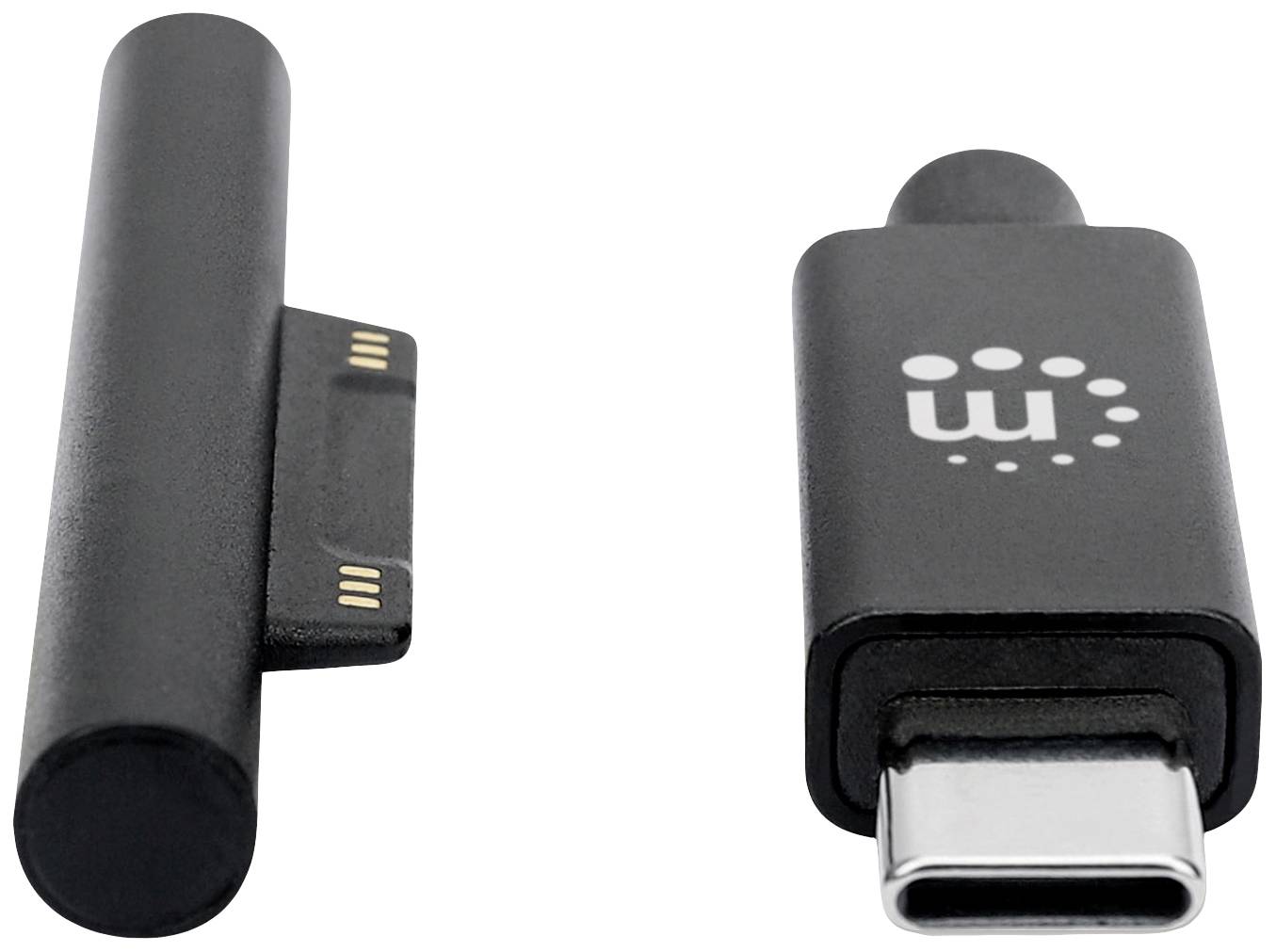 Två adaptrar: till vänster en magnetisk, rund adapter med anslutningar, till höger en USB-C-adapter, svart med en vit logotyp.
