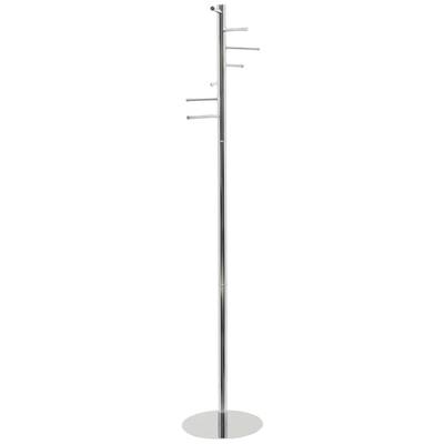 En elegant, smal klädhängare i metall med flera horisontella krokar placerade på olika höjder.