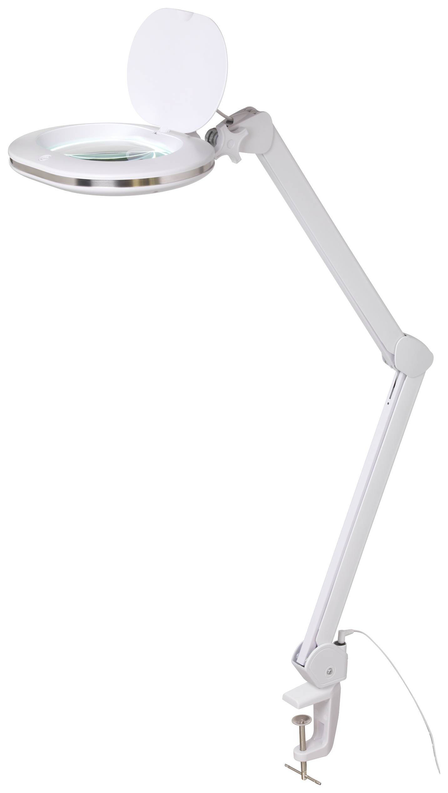 Vit skrivbordslampa med justerbar arm och rund ljusyta, fäst vid bordskanten. Perfekt för precisionsarbeten.