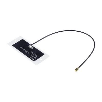 En liten rektangulär svart enhet med en tunn kabel och en guldfärgad kontakt, sannolikt en antenn.