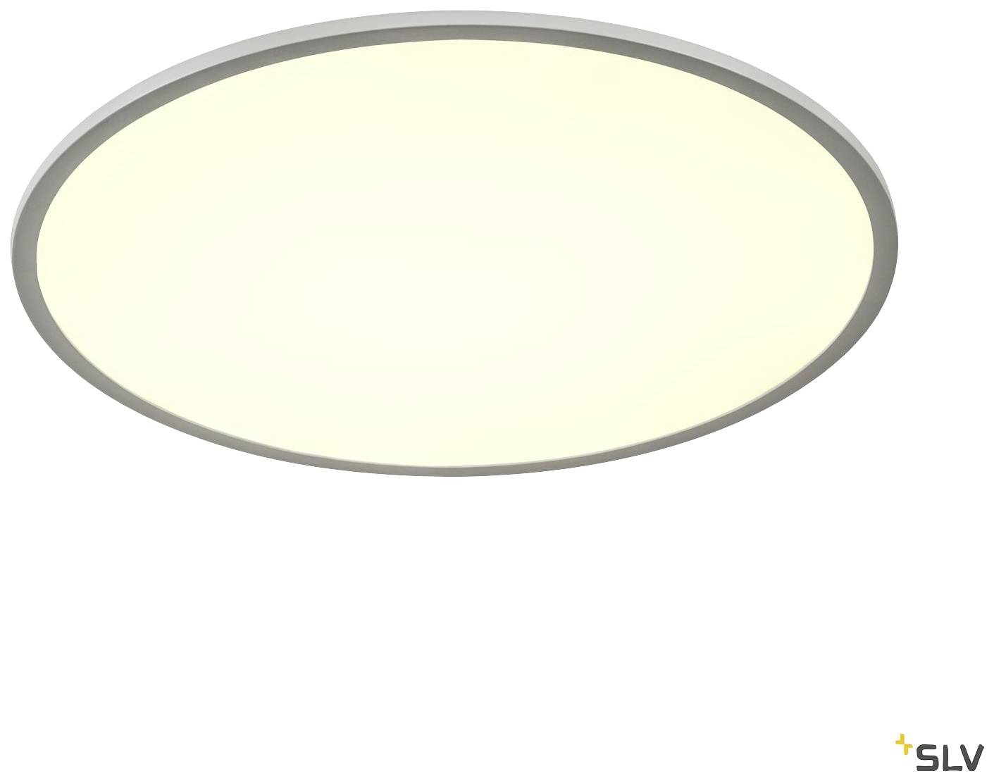Rund vit LED-taklampa med platt design som lyser upp ett varmt ljus. Lämplig för moderna hem- eller kontorsmiljöer.