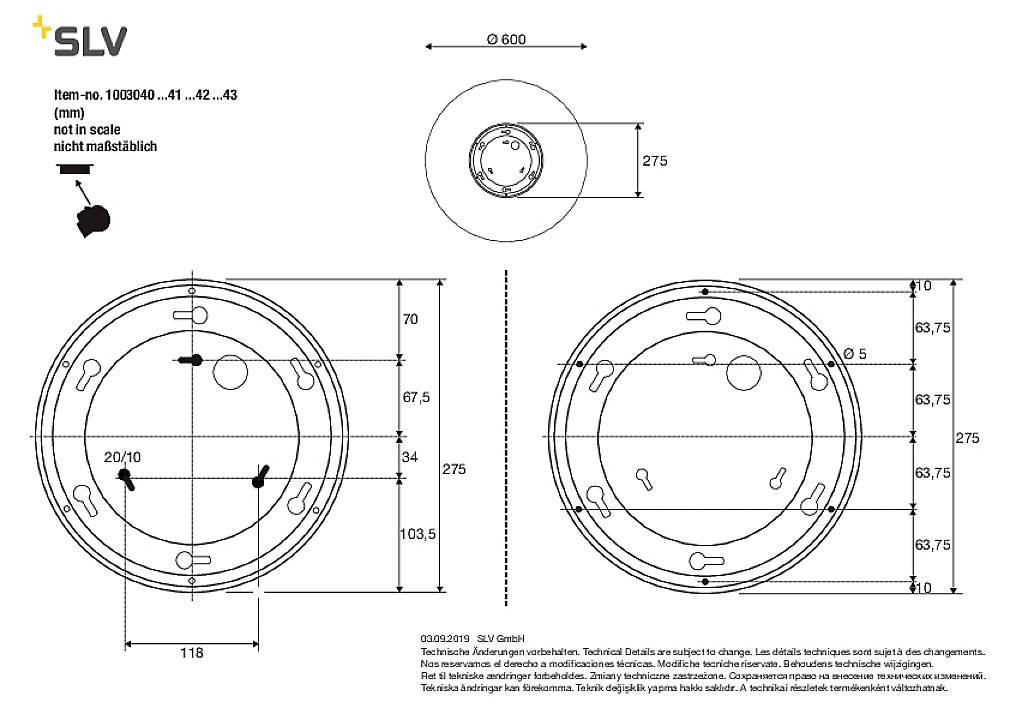 Teknisk ritning av ett rundligt fäste med mått i millimeter. Innehåller borrhål, dimensioner och markeringar för montering.