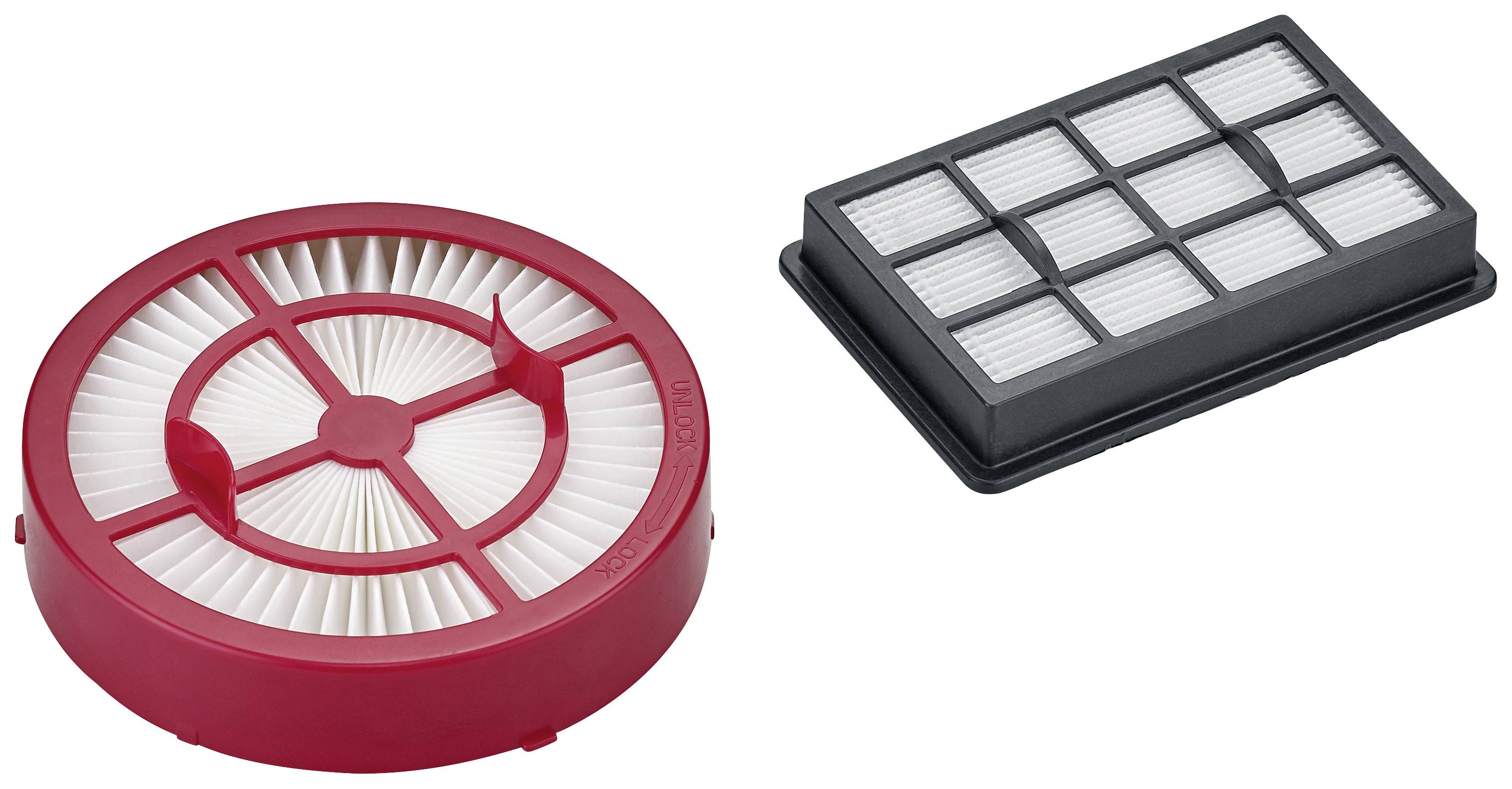 Rund och rektangulär HEPA-filter, placerade bredvid varandra på vit bakgrund. Filtren är lämpliga för dammsugare eller luftrenare.