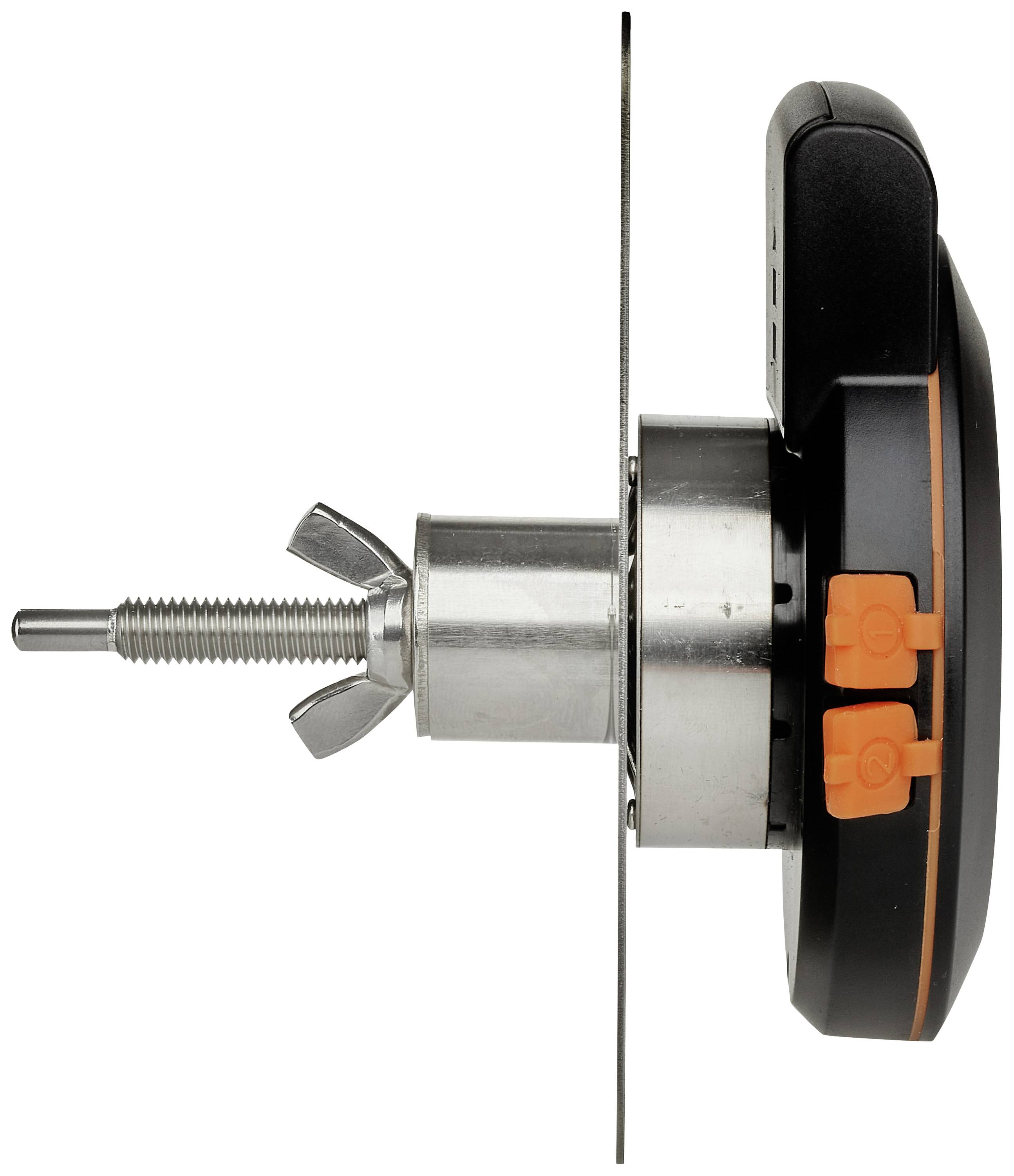 Sidovy av en svart och orange rundradioadapter med ett metallfäste och en skruv, visad framför en vit bakgrund.