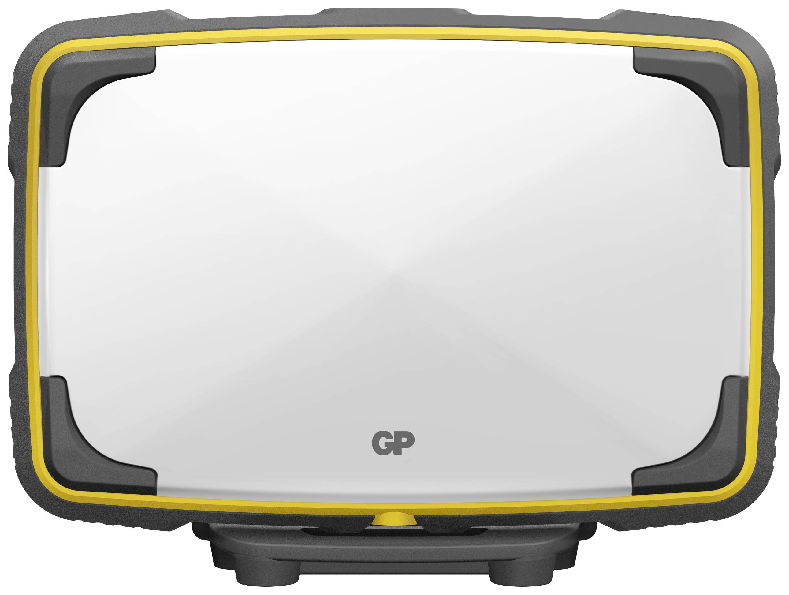 Bärbar LED-lampa med gul kant och GP-logotyp i mitten. Den står på ett grått stativ.