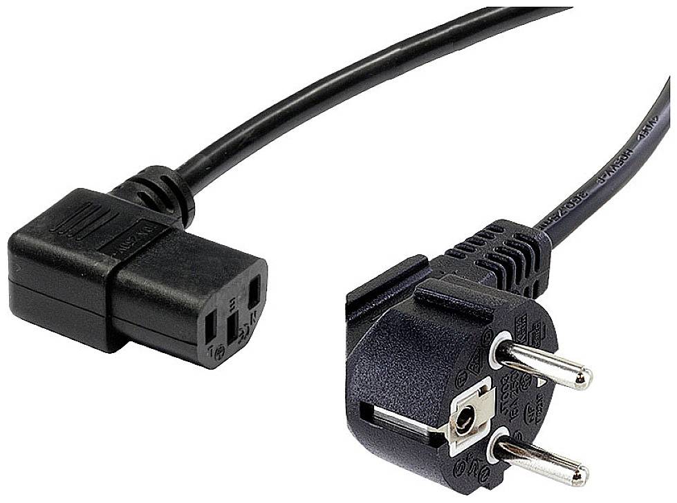 Vinklat C13-nätkontakt och Schuko-uttag, svart. Anslutningskabel för elektroniska enheter.