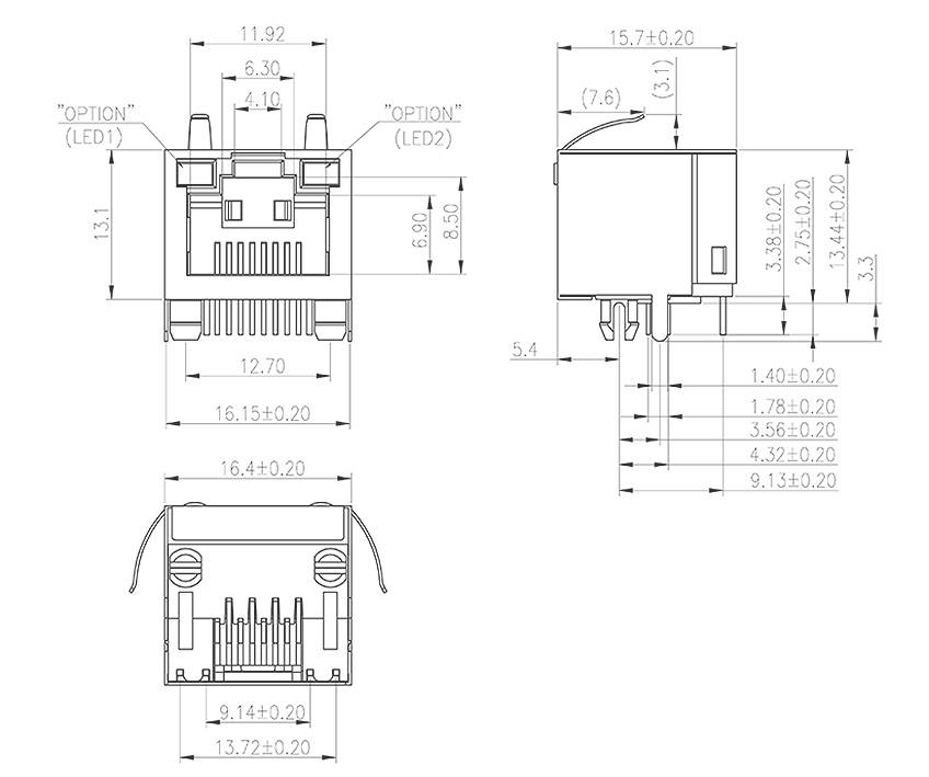 Teknisk ritning av en RJ45-kontakt med dimensioner i millimeter. Visar front-, sido- och toppvy med LED-alternativ.