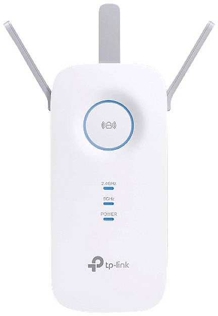 En vit WiFi-repeater med antenner, visar ett WiFi-symbol och har indikatorer för 2,4 GHz, 5 GHz och strömförsörjning.
