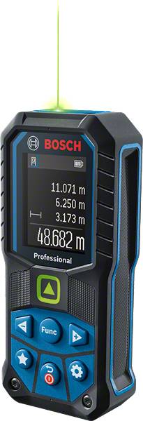 Digitalt Bosch-mätinstrument, visar avstånd: 11,071 m, 6,250 m, 3,173 m, totalsumma 48,682 m; används för noggranna mätningar.