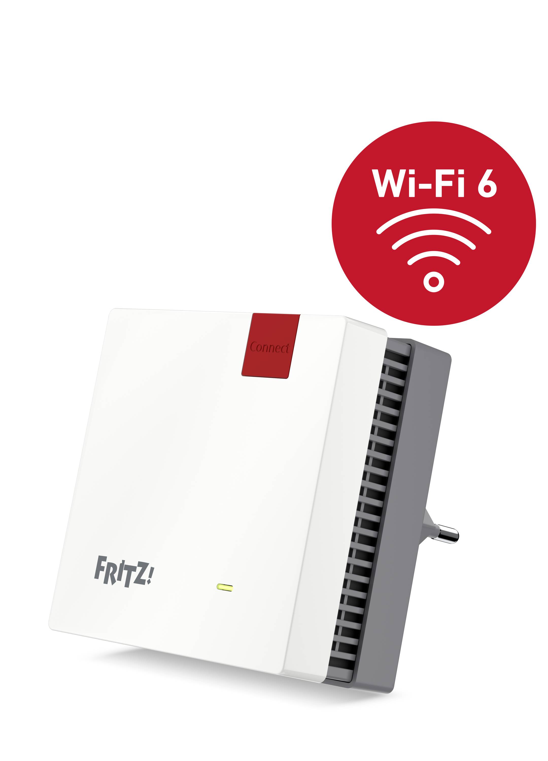 Vit FRITZ! WLAN-utökning med Wi-Fi 6-logotyp. Enheten används i vägguttaget och förbättrar WiFi-signalen i hemmet.