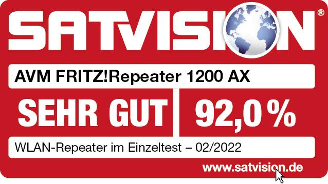 'Utmärkelse för AVM FRITZ!Repeater 1200 AX, Betyg: Mycket bra, 92,0 %, WLAN-repeater i enskilt test, Februari 2022, satvision.de'