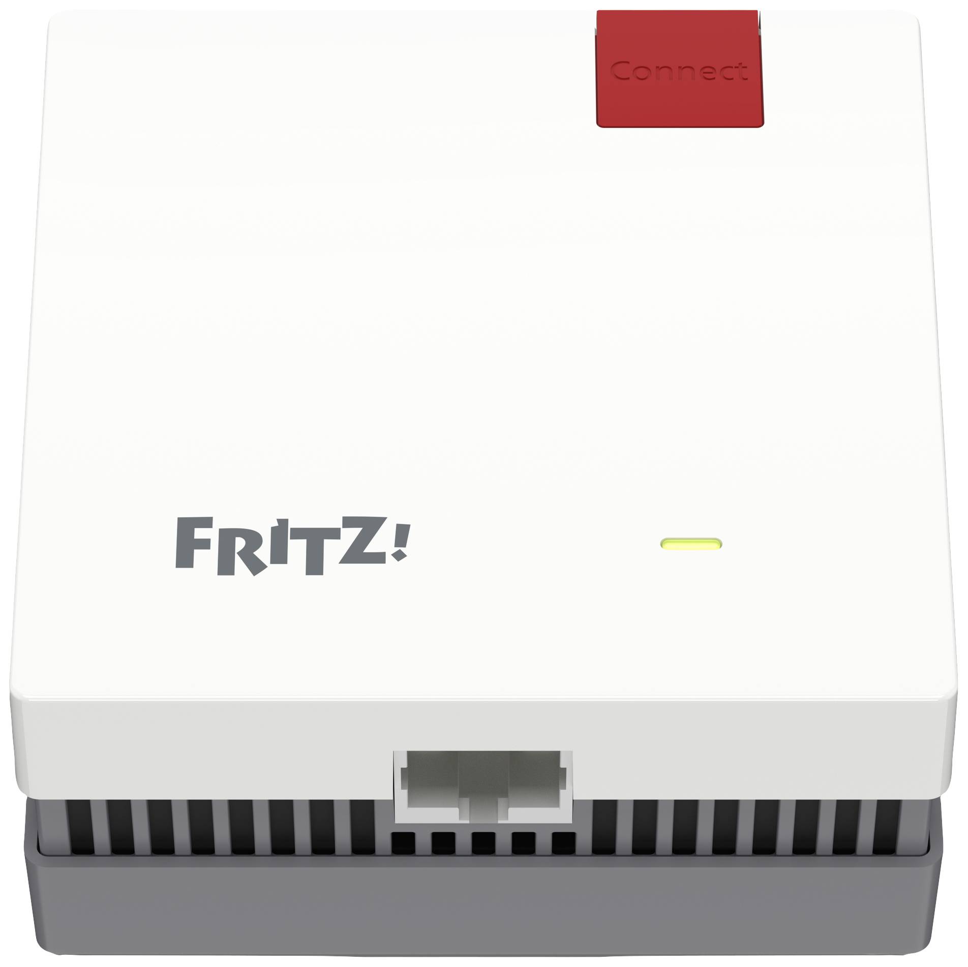 Diagrammet visar ett nätverk med en Fritz!Box, två repeatrar, förbundna genom linjer på blå bakgrund.