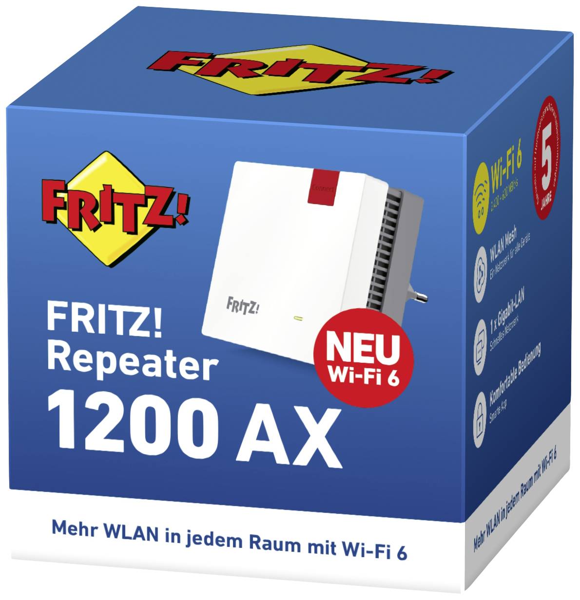 En blå förpackning visar 'FRITZ! Repeater 1200 AX' med Wi-Fi 6. Text: 'Mer WiFi i varje rum med Wi-Fi 6.'