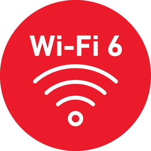 En rund ikon med texten 'Wi-Fi 6' och en stiliserad Wi-Fi-signal som indikerar en snabb och modern internetanslutning.