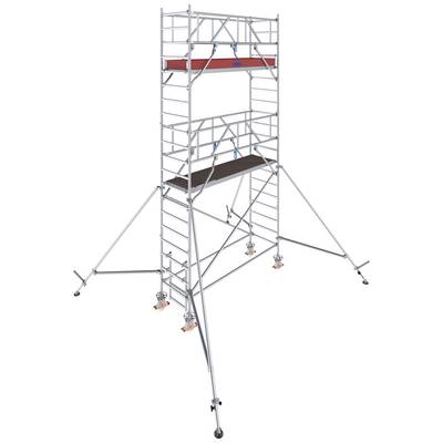 Ett högt, mobilt ställning med flera nivåer och stabiliserande utliggare. Det har hjul och är avsett för arbeten på höjden.