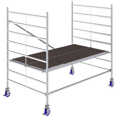 Ett bärbart metallställning med hjul, idealiskt för bygg- eller renoveringsarbeten. Ställningen har en plattform i mitten.