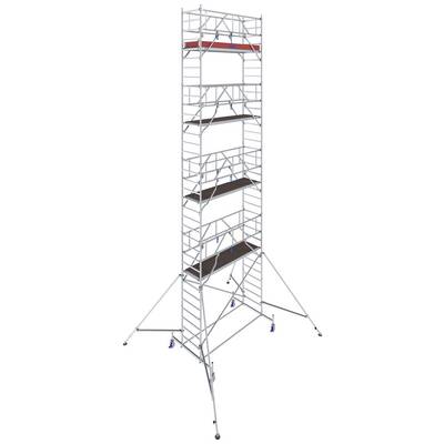 Ett högt byggnadsställning med flera plattformar och stabiliserande metallsträvor, lämplig för arbeten på stor höjd.
