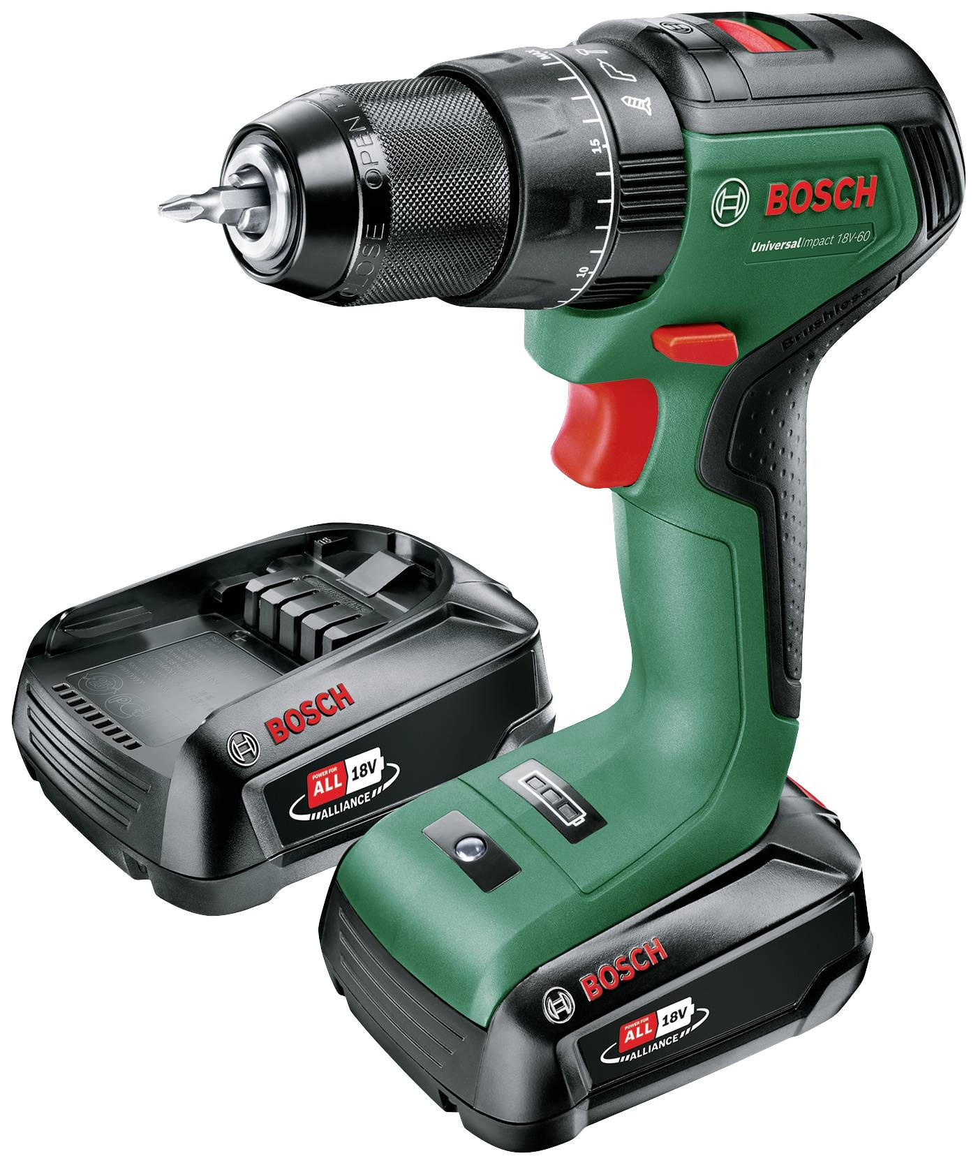 Bosch batteridriven skruvdragare med grön-svart design, inklusive laddare och reservbatteri.