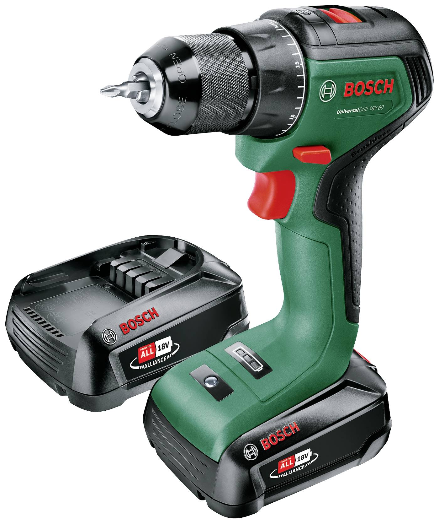 Bosch sladdlös skruvdragare med grönt och svart hölje, löstagbart batteri och laddare, lämplig för DIY-projekt.