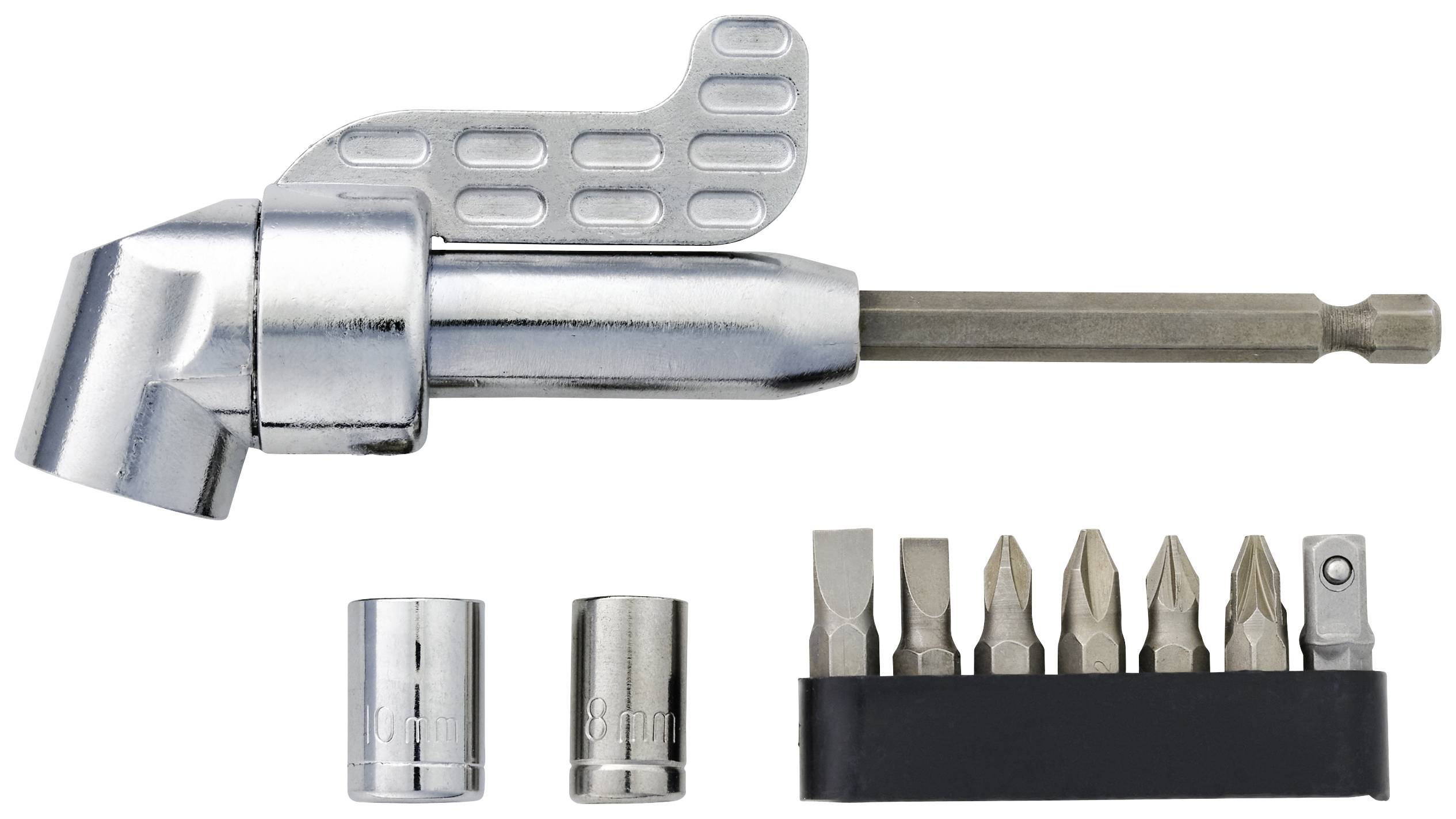 En uppsättning skruvmejselbitsar med en vinkeladapter, lämplig för olika skruvtyper. Innehåller hylsstorlekar på 8 mm och 10 mm.