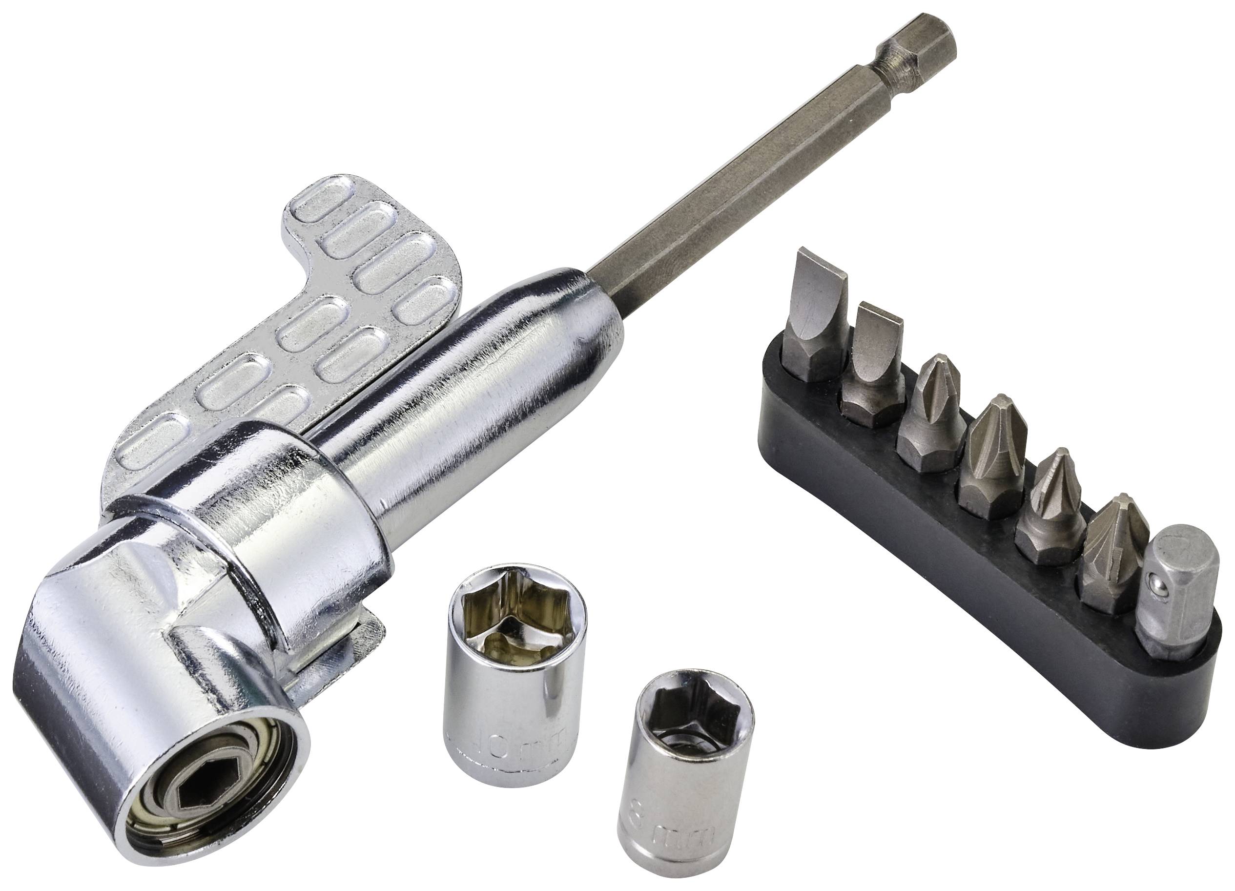 Metallskruvmejselset med magnetisk bitshållare, sex olika bits och två hylsor, avsett för precisionsmontering.