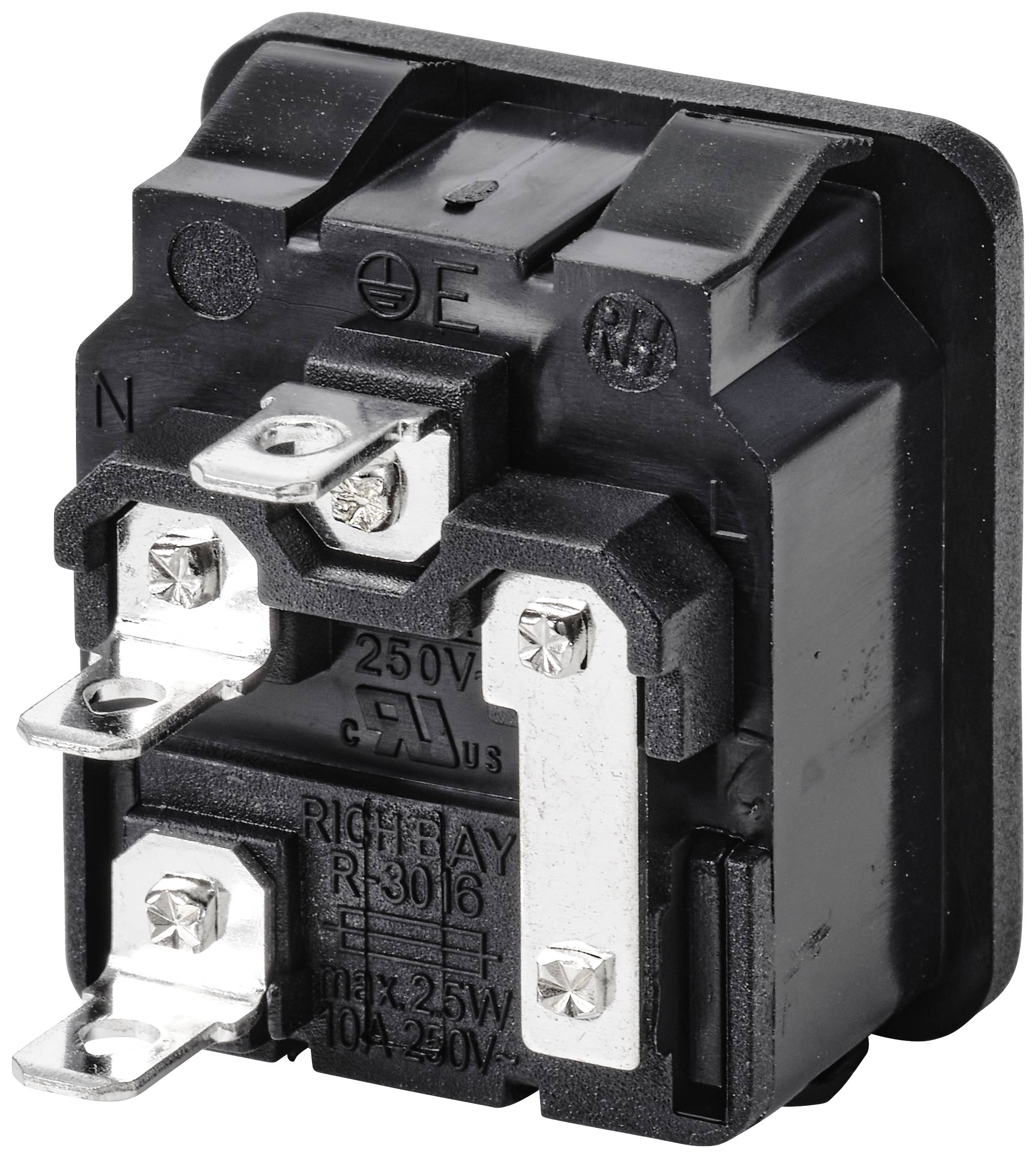 Elektrisk strömbrytare, svart, med synliga skruvförbindningar. Märkning: 250V, max 25W, 10A. Lämplig för elektriska apparater.