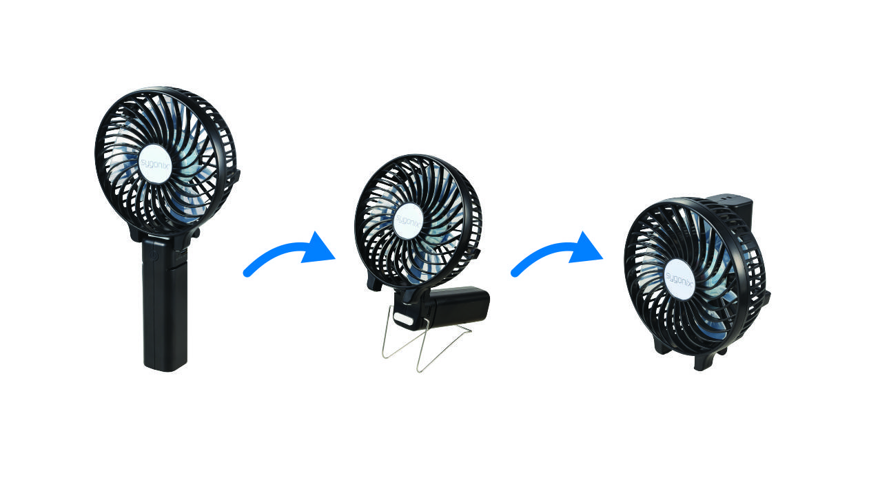 En handventilator förvandlas till en bordsventilator och sedan till en bilventilator, illustrerad genom blå pilar.