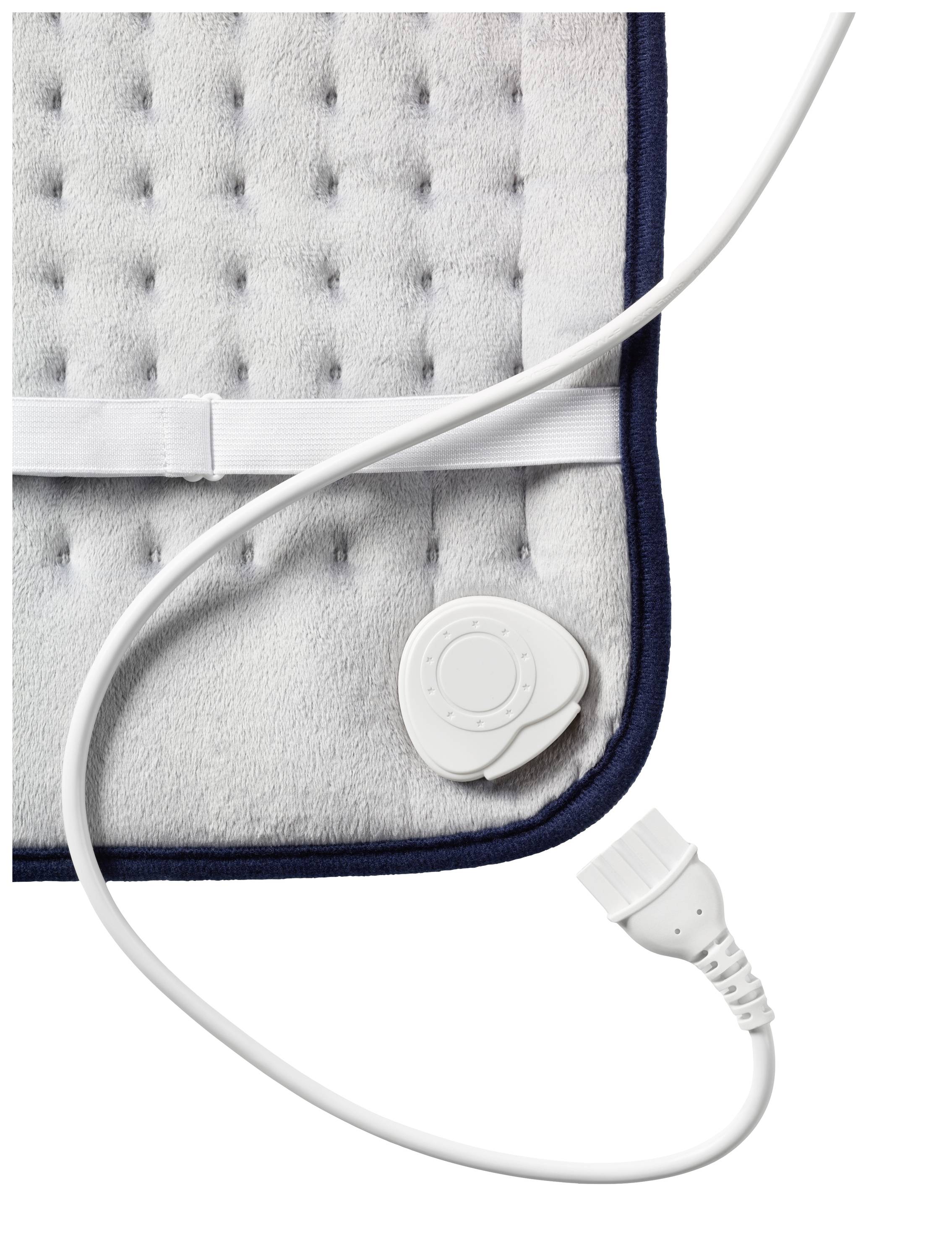 Ett grått uppvärmt kudde med kabel och stickkontakt. Reglage vid kuddkanten, omgivet av en mörkblå kant.