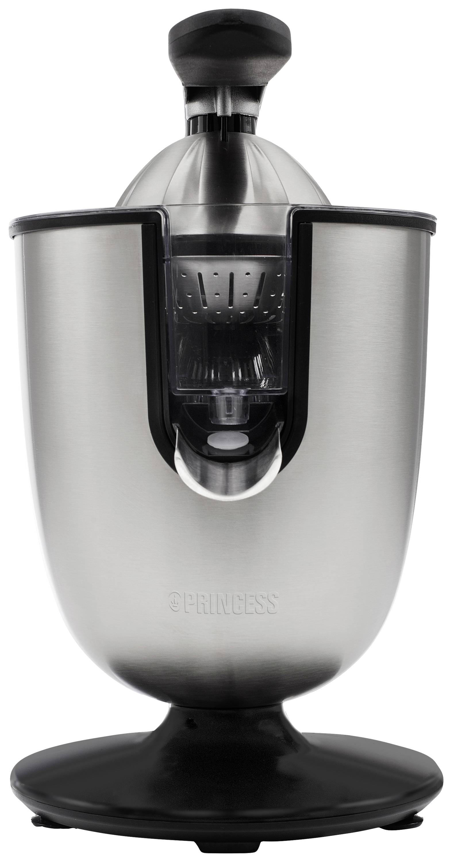 En silver elektrisk citruspressare med svart fot och ergonomiskt handtag. Perfekt för att pressa citrusfrukter.
