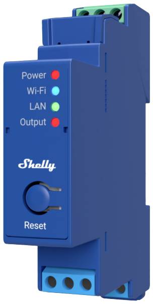 Blå Shelly-enhet med kontrollampor och återställningsknapp. Lampor för ström, Wi-Fi, LAN och utgång är synliga.