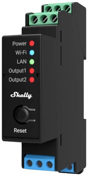 En svart modul med LED-indikatorer för 'Power', 'Wi-Fi', 'LAN', 'Output1' och 'Output2' samt en 'Reset'-knapp märkt 'Shelly'.