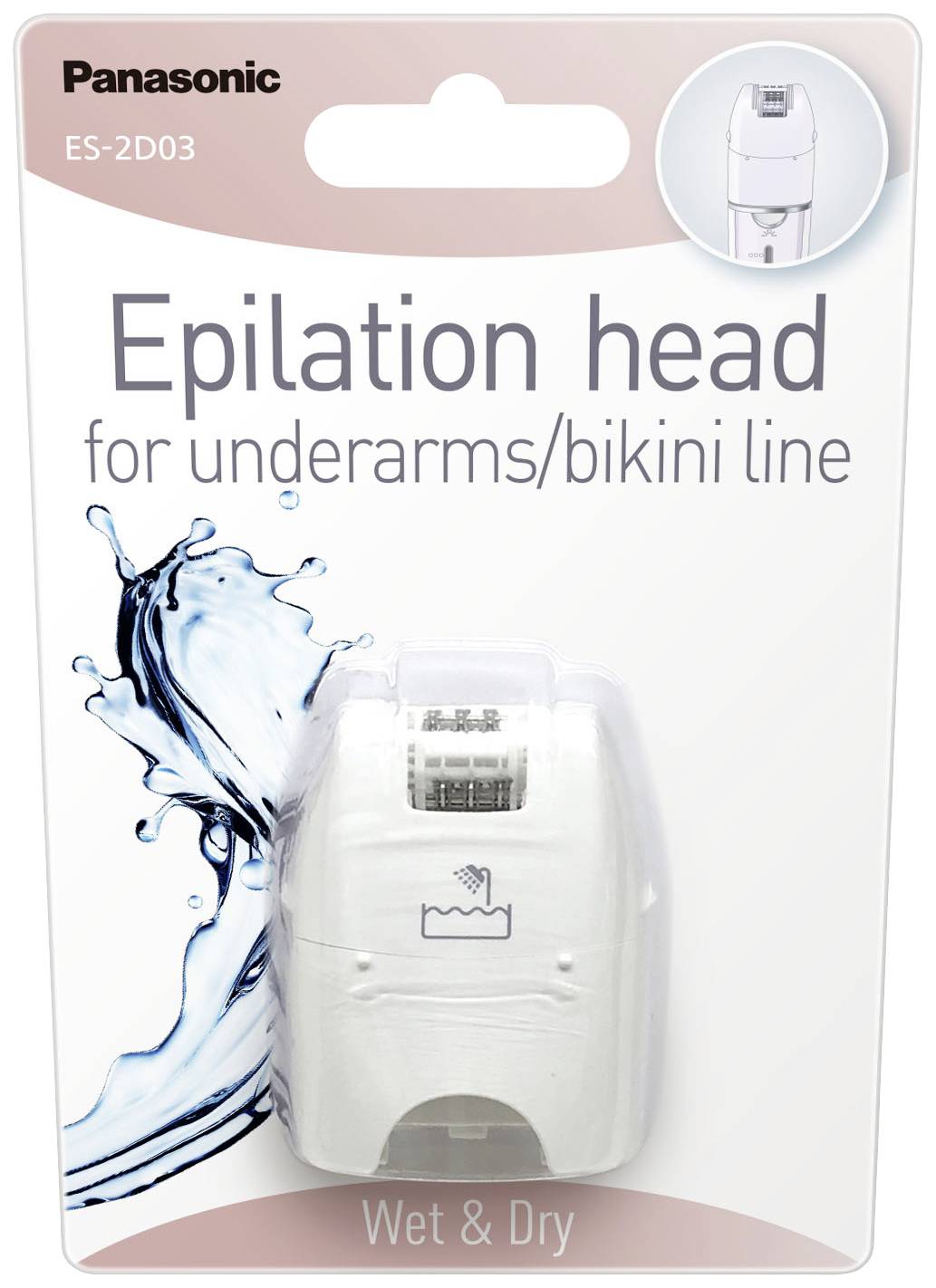 Epilatorhuvud för underarmar/bikiniområde, lämplig för våt- och torranvändning, avbildad i förpackningen med vattenstänk.