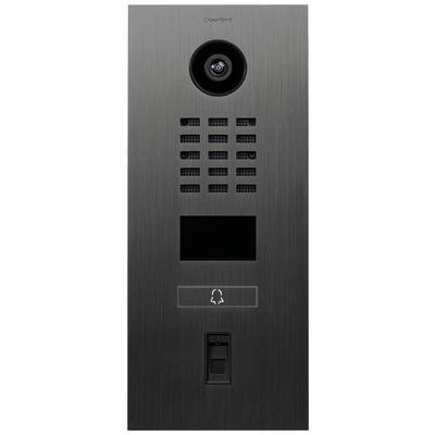 Videoporttelefon med kamera, högtalargaller, skärm och ringklocka. Hölje av borstat metall.