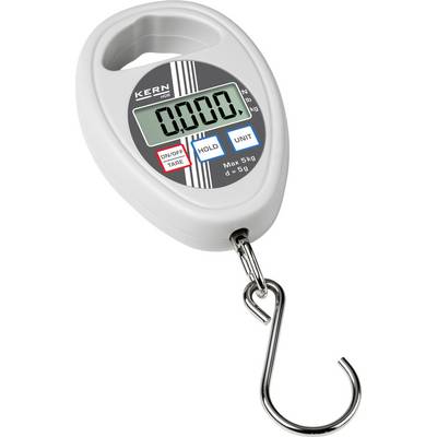 Elektronisk hängvåg med digitalskärm, krok och knappar för enhetsomvandling, hold-funktion och på-/avstängning. Maximal kapacitet 5 kg.