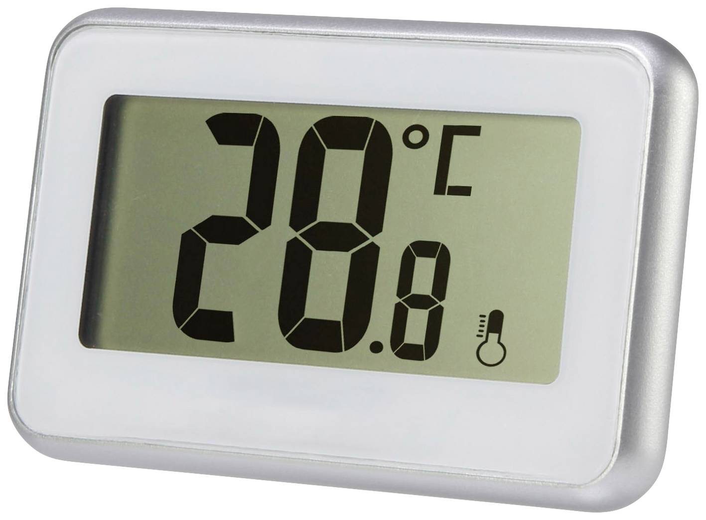 Digitalt termometer visar '20,8°C'. Rektangulärt hölje med stor display.