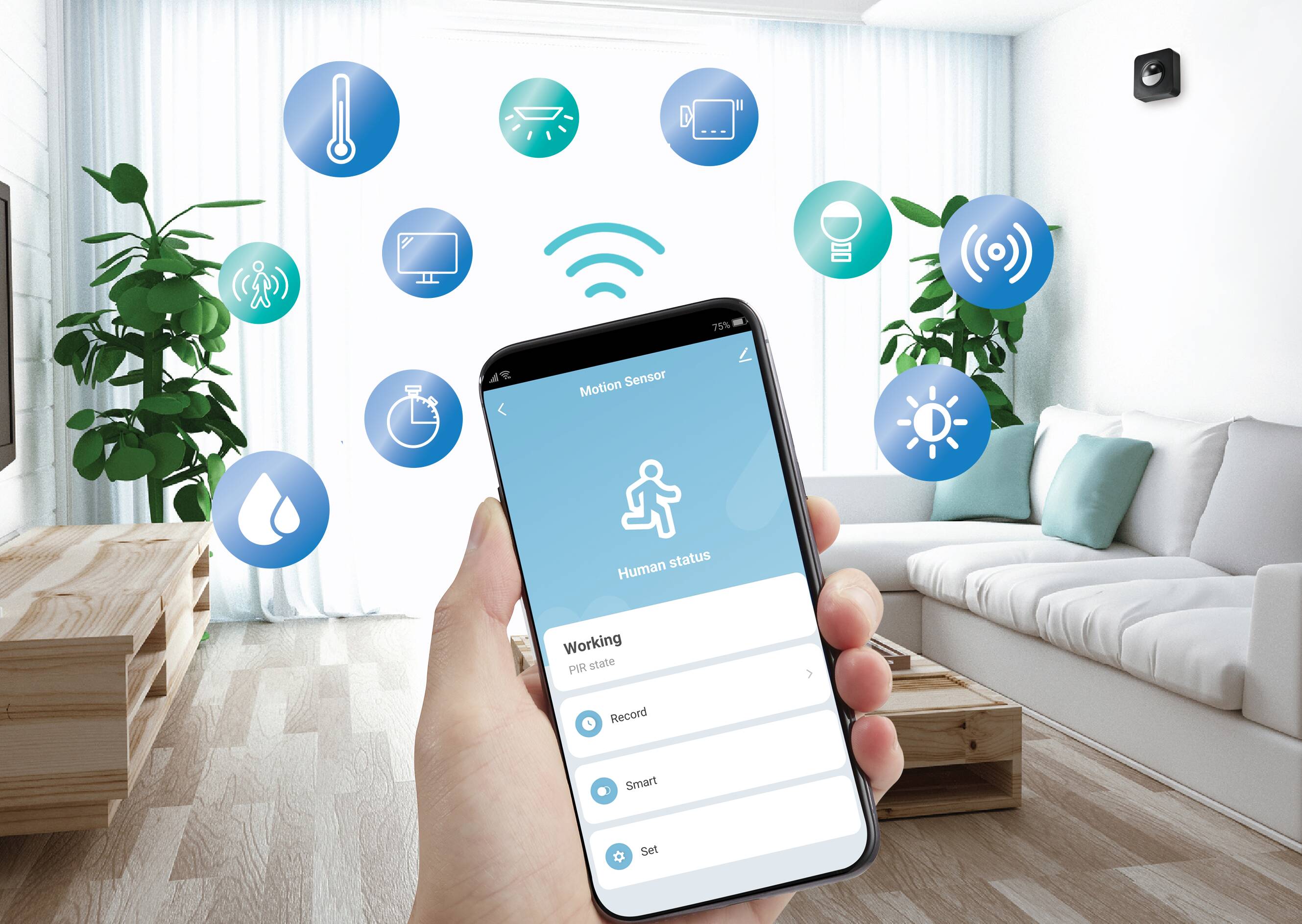 En hand håller en smartphone med en app för styrning av ett smart hem. Symboler för olika hemmafunktioner svävar i rummet.