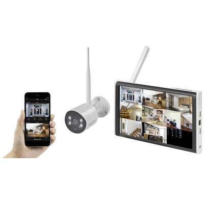En övervakningskamera med monitor och smartphone-app. Monitorn visar flera kameravy, smartphonen visar appens gränssnitt.