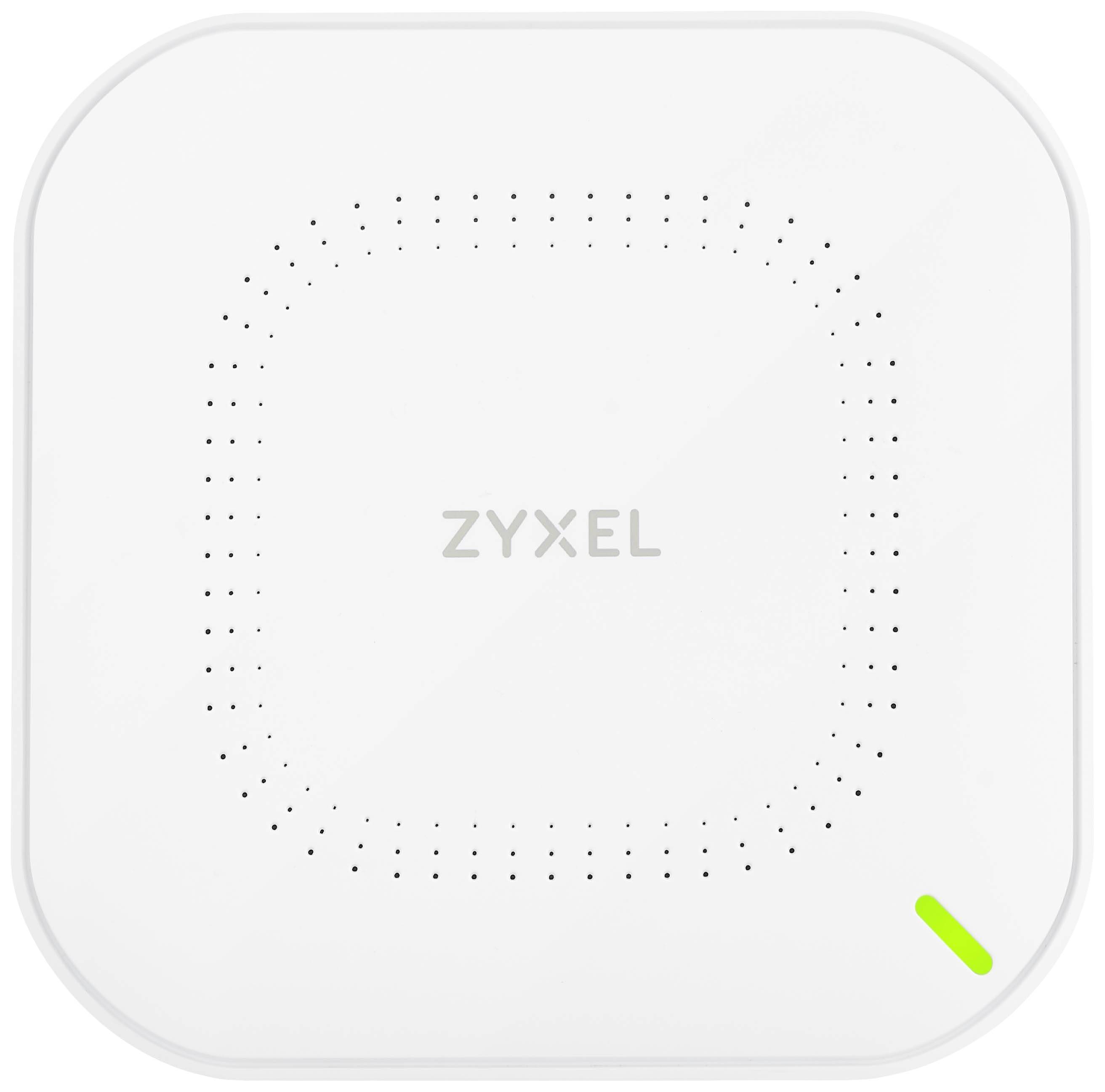 En vit Zyxel WLAN-åtkomstpunkt med en liten, grön LED-indikator i det nedre högra hörnet.