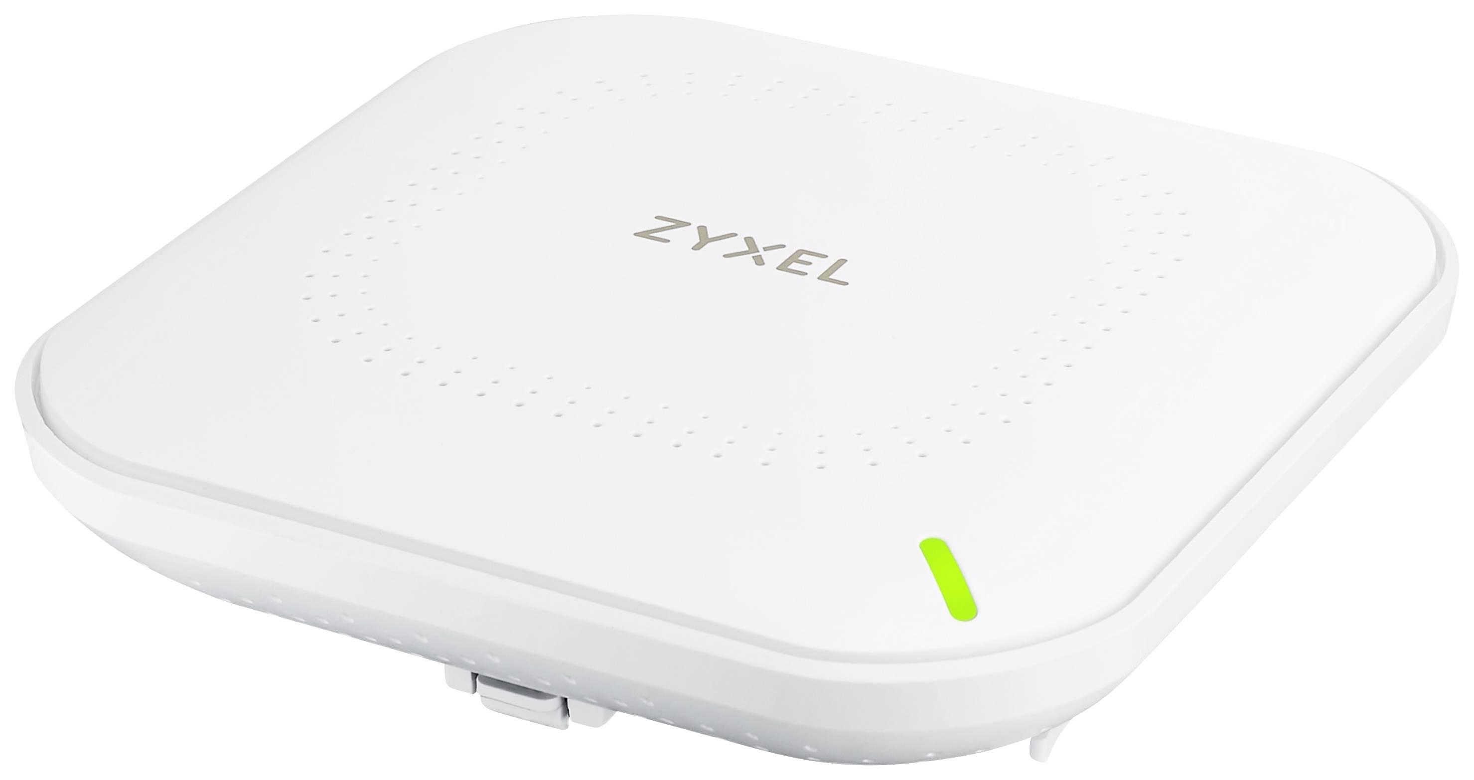 En vit WLAN-router från Zyxel med ett grönt LED-ljus på ytan.