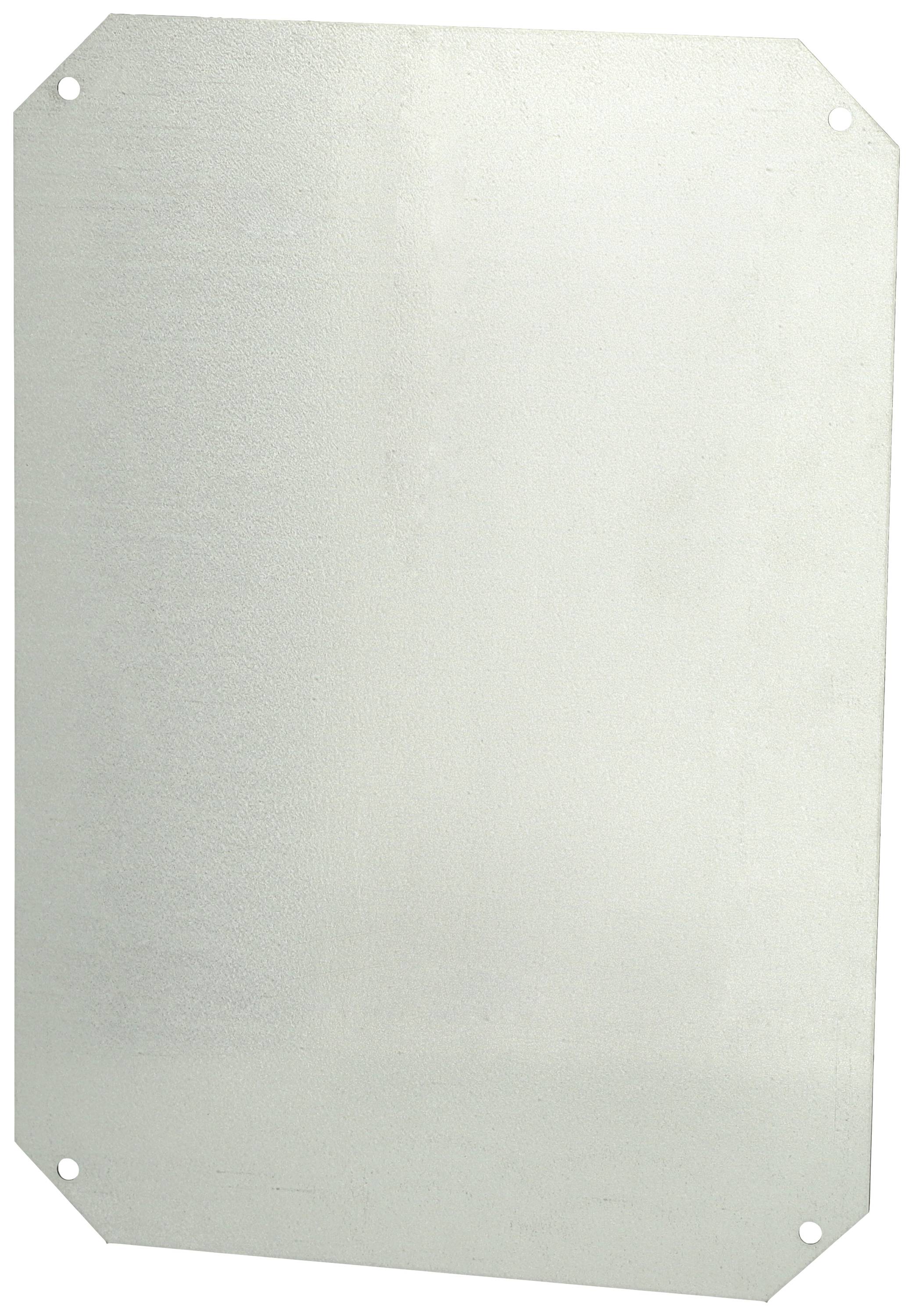 Ett silveraktigt rektangulärt metallbleck med fyra avrundade hörn och ett hål i varje hörn, sannolikt avsett som monteringsplatta.