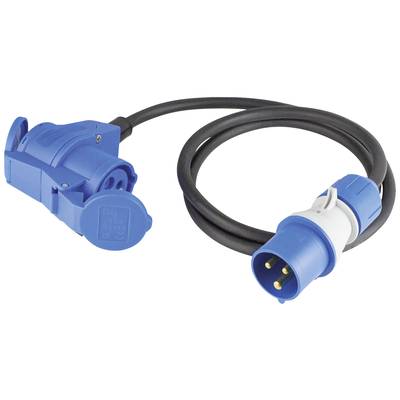 Blå CEE-kontakt med kabel och uttag, lämplig för industriell strömförsörjning, 3-polig, med skyddslock, typiskt för byggarbetsplatser.