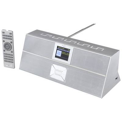 En silverfärgad bordsradio med en liten skärm på framsidan och en avtagbar fjärrkontroll på vänster sida.