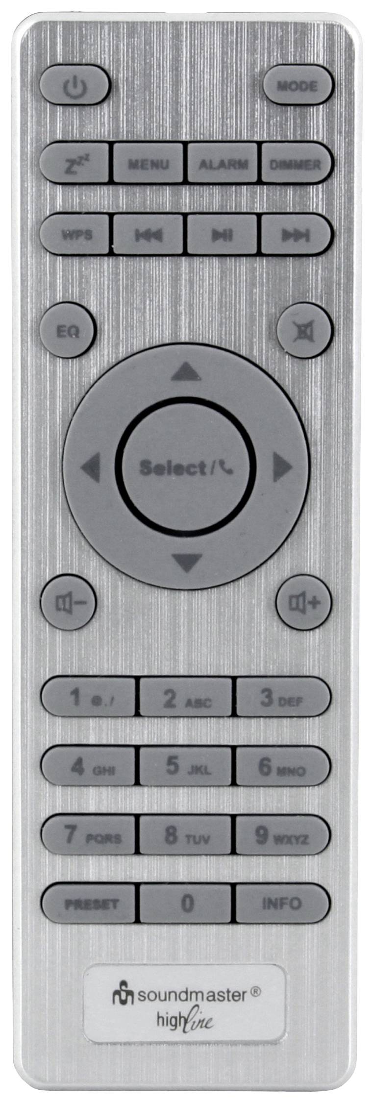 En silver fjärrkontroll med sifferknappar, volymreglage, menyreglage och en central riktningsknapp med 'Select'.