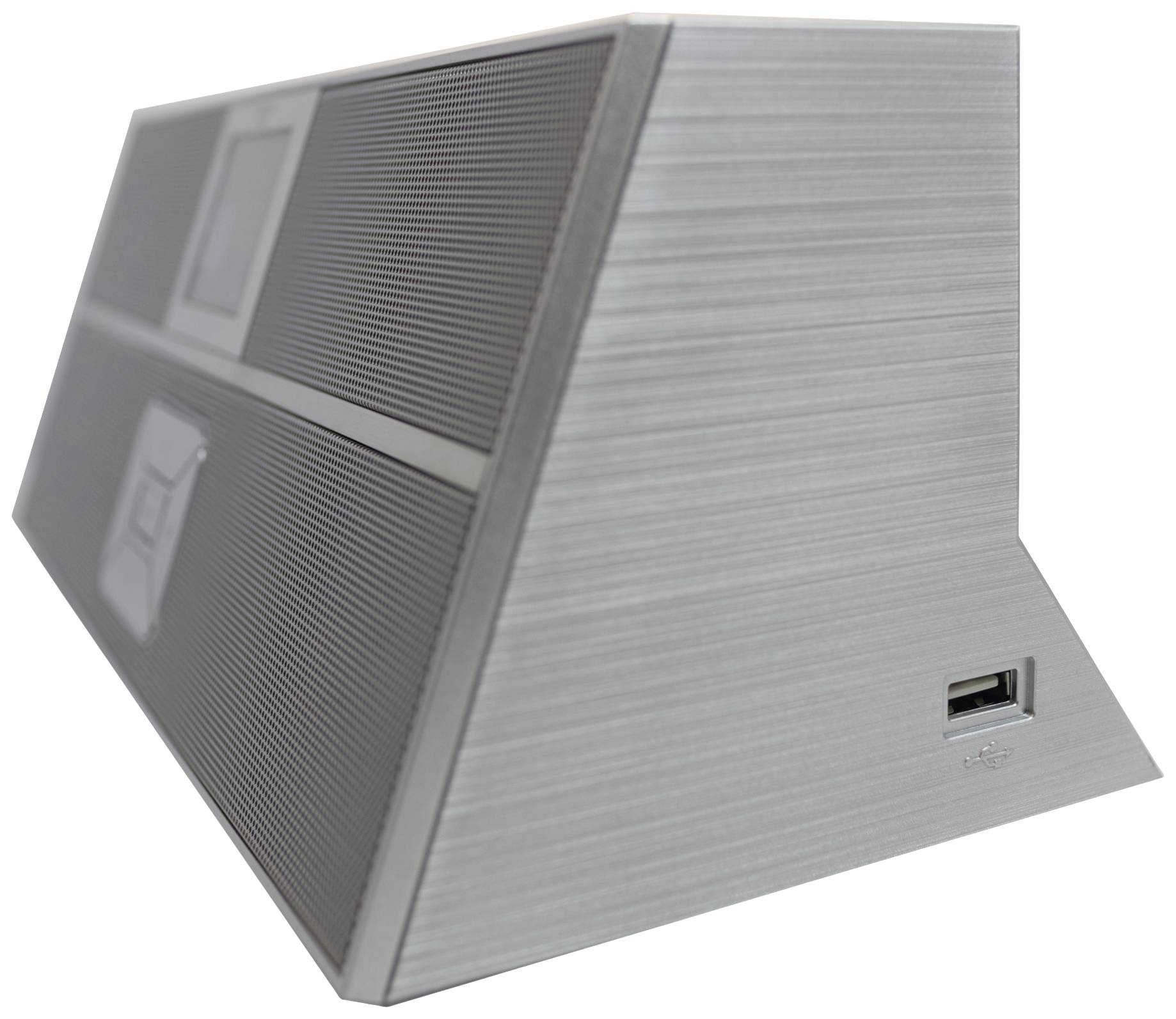 En modern högtalare med USB-port på sidan. Designen är triangulär och gjord av borstat metall.