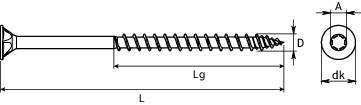 Teknisk ritning av en skruv med mått: huvudbredd, diameter 'D', längd 'L' och skruvlängd 'Lg'.