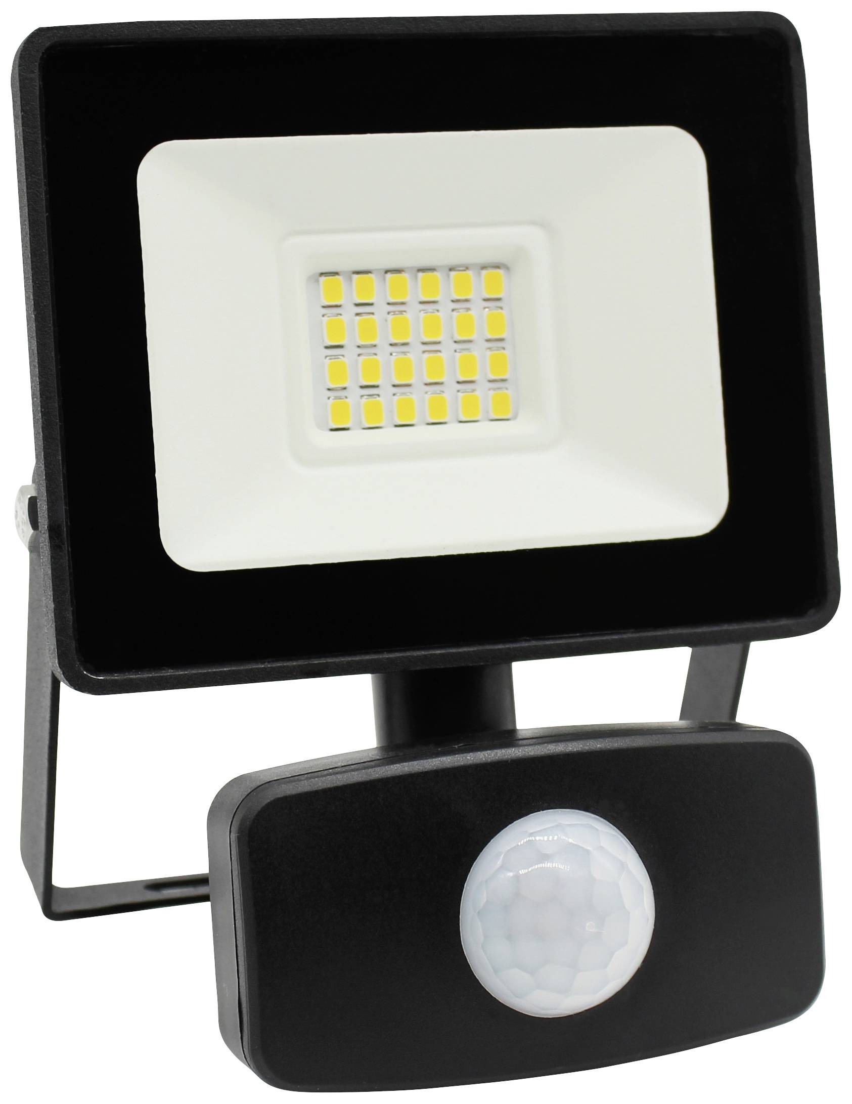 En LED-strålkastare med rörelsedetektor i ett svart hölje. Perfekt för automatisk utomhusbelysning.
