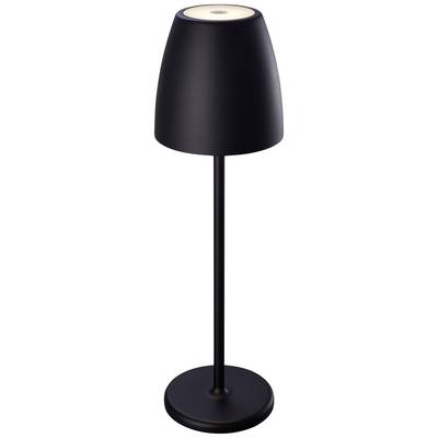 Svart bordslampa med modern, minimalistisk design. Cylindrisk lampskärm och rund bas på en smal fot.