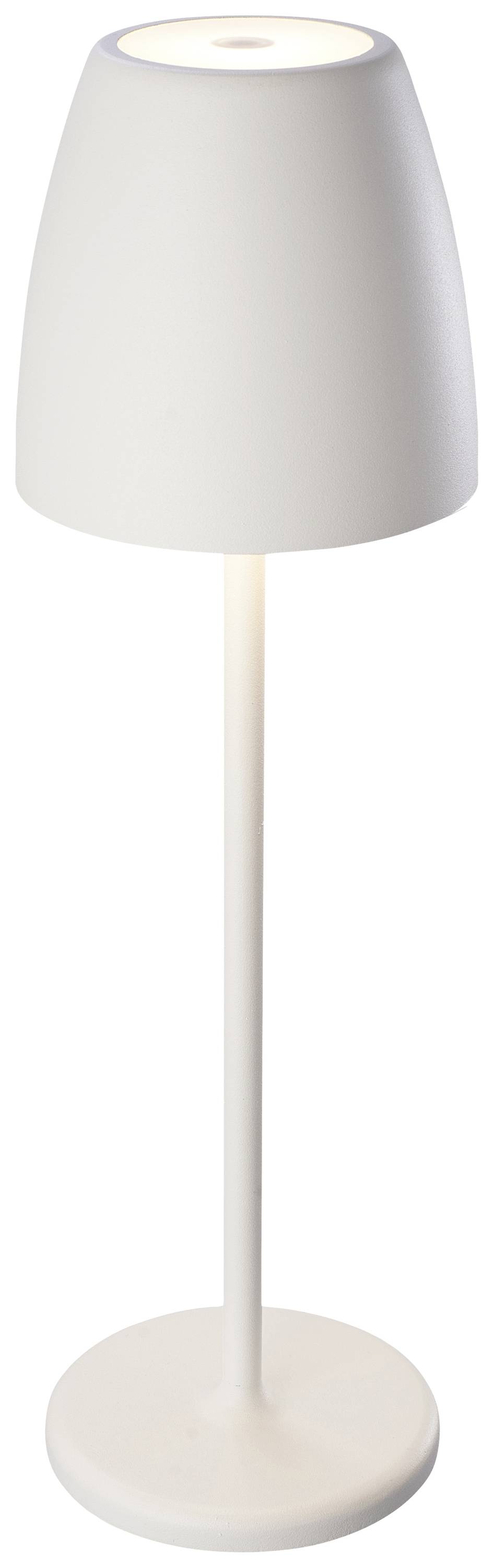 En enkel, vit golvlampa med rund bas och konisk skärm. Den kastar ett nedåtriktat ljus.