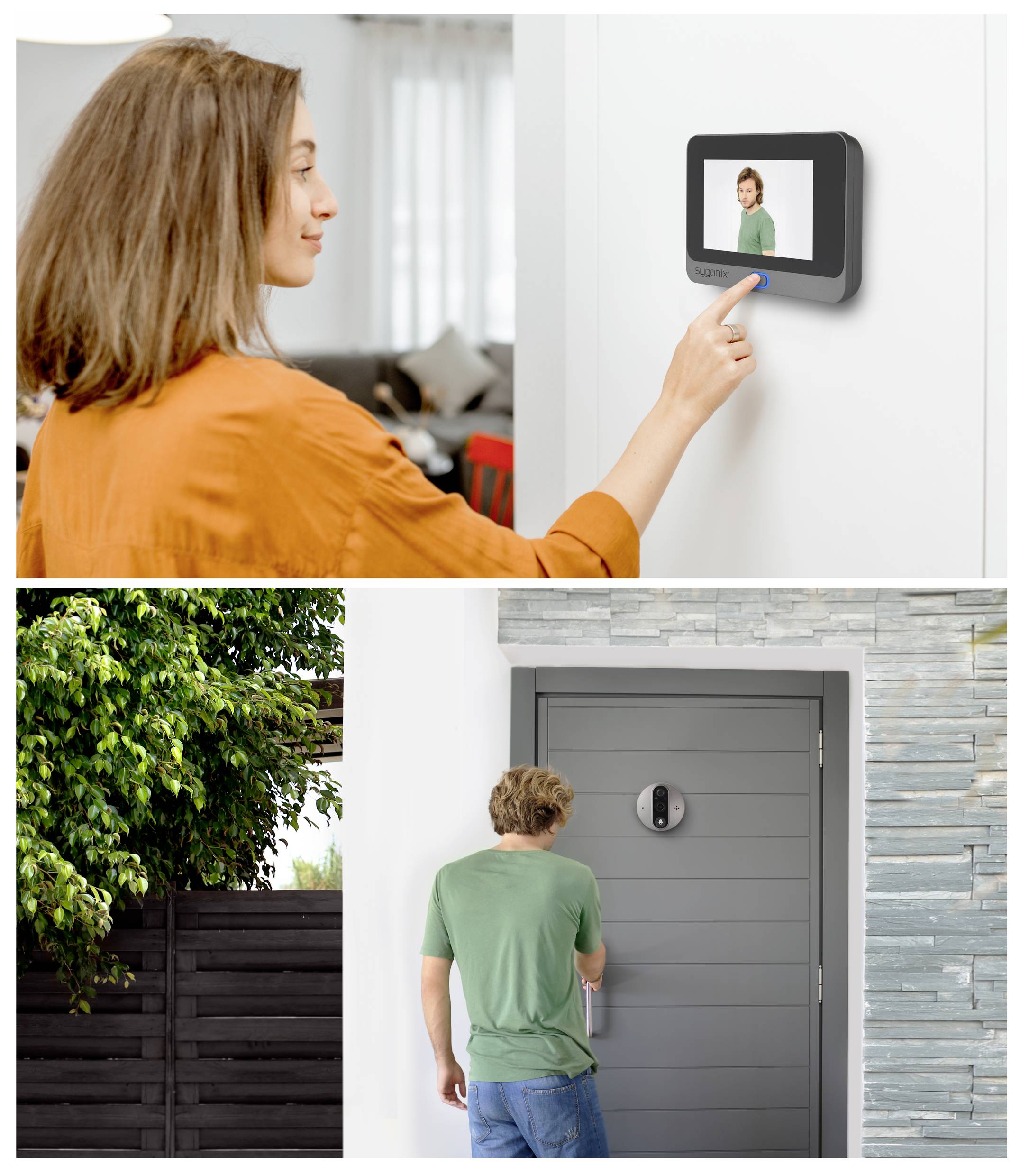 En kvinna använder en videoporttelefondisplay inomhus, nedanför syns en man som står framför en stängd ytterdörr.