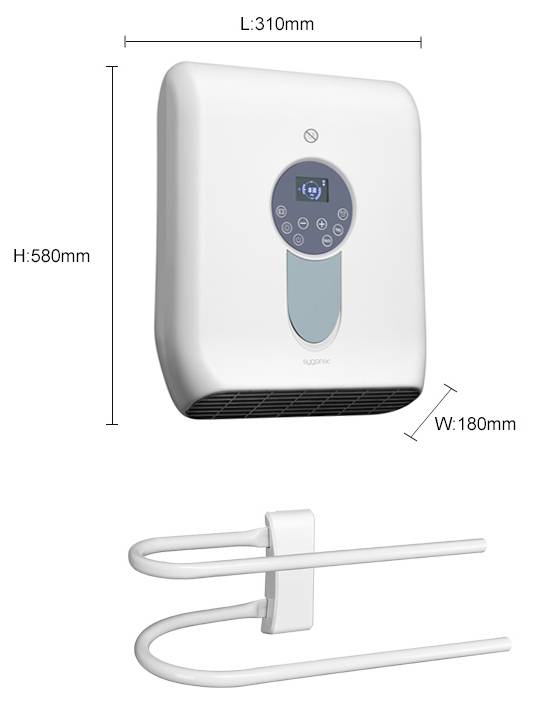 Vit elektrisk värmare med digital display, monterad på väggen. Mått: Höjd 580 mm, bredd 180 mm, längd 310 mm.